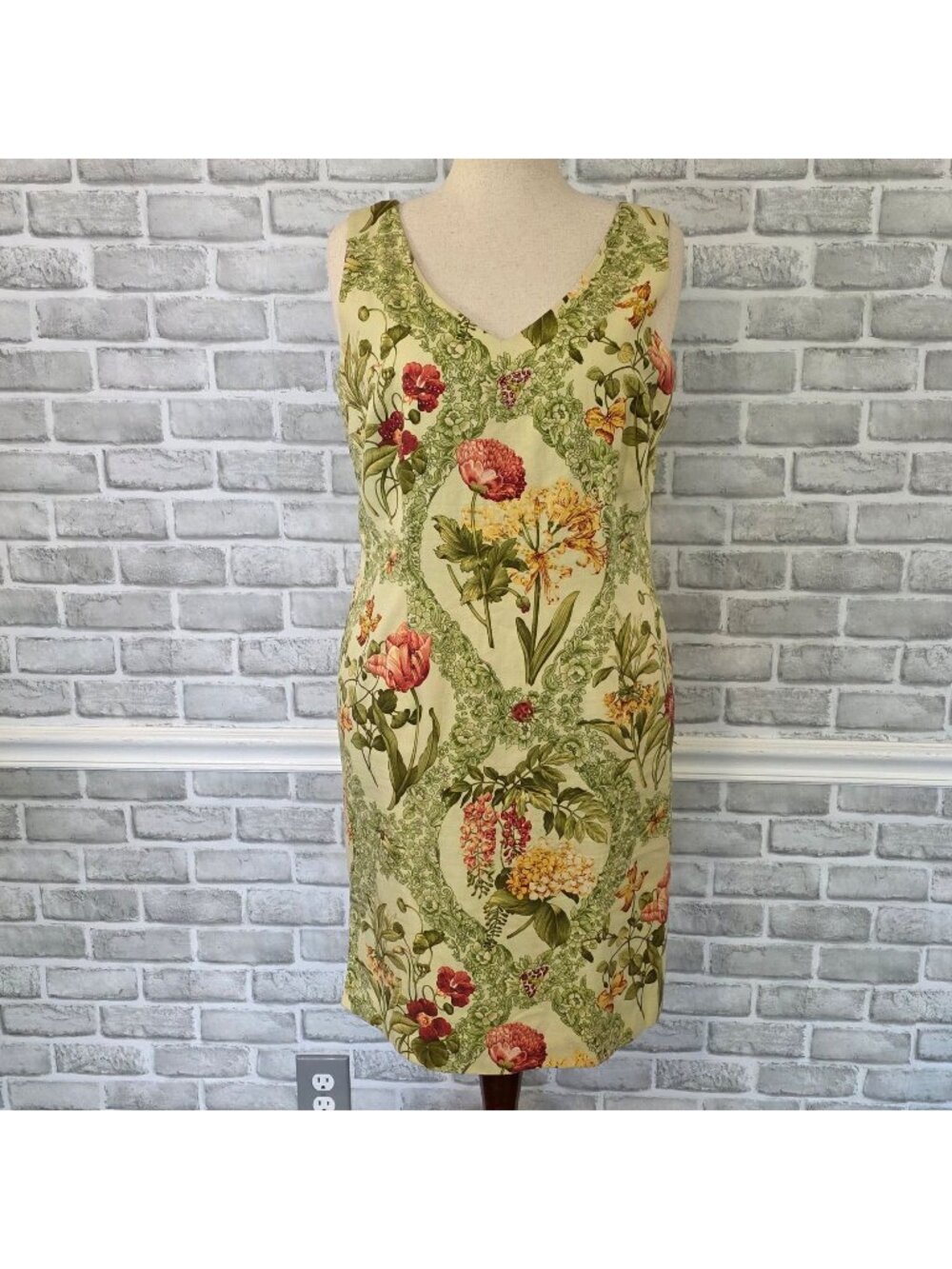Talbots Beaded Floral Resort Dress Size 16 Sleeveless Shift Cream Green
